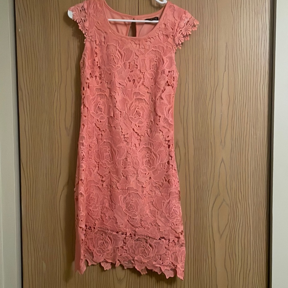 Coral floral lace sheath dress